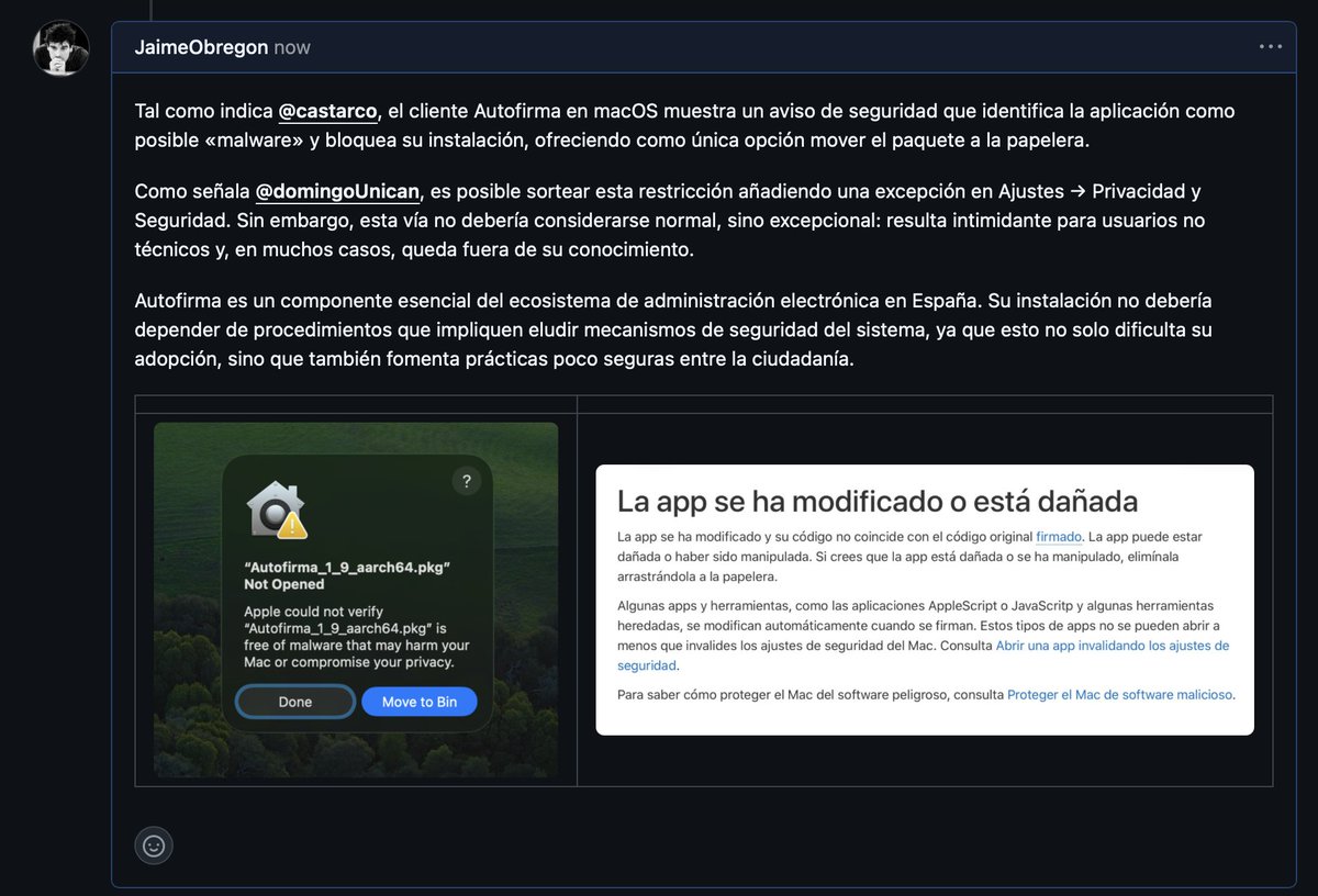 JaimeObregon's tweet photo. Ya había un «issue» abierto desde 2024; he añadido un comentario. ¡Esto es lo potente de desarrollar en abierto!: cualquiera puede aportar directamente al equipo técnico.

Si la Administración desarrollara siempre así, sus interfaces digitales serían mucho mejores.

Y un matiz: abrir el proceso no exige necesariamente publicar el código. Puedes tener repositorios con «issues» y comunidad aportando, incluso con código privado. No es lo ideal, pero es mucho mejor que la opacidad de la mayoría de los desarrollos públicos actuales.