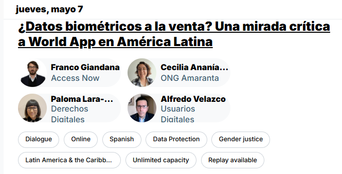 usuariosdigital's tweet photo. Diálogo ¿Datos biométricos a la venta? Mirada crítica a @world_latam_ en @rightscon

🗓️7 de Mayo
🕝2:30 a 3:30 Ecuador GMT -5
🗣️
@fgiandana @accessnow
@AnaniasCeci @AmarantaOng
@palomalacastro @derechosdigital
@alfredovelazco @usuariosdigital

Regístrate https://t.co/NryNpUwl7x https://t.co/mCGne9CSZY