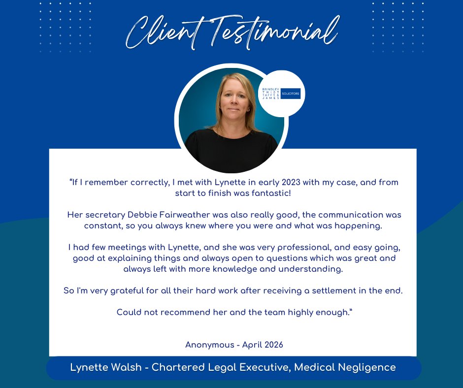 BTTJ_Solicitors's tweet image. Lynette Walsh, Lawyer in our Medical Negligence team, has received some excellent feedback from one of her clients

View Lynette's profile here: bit.ly/4tQXq11

#ClientFeedback #Solicitors #FeedbackFriday #Coventry #Warwickshire #MedicalNegligence #ClinicalNegligence