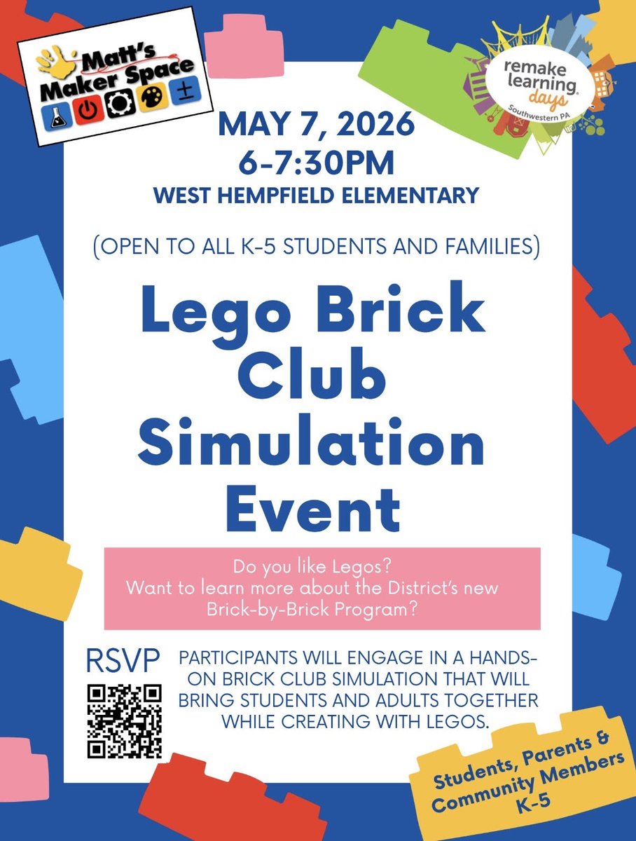 SAITNobili's tweet photo. Are you ready for @RemakeDays
Join me for the "Lego Brick Club Simulation Event" event on May 7, 6-7:30 at West Hempfield Elementary. Create and learn about your own Brick Club! https://t.co/VI1qmFotiQ #RLDAmbassador #RemakedaysSWPA
@Emilycaryn
@hasd_district
@mattsmakerspace https://t.co/ApULkRYMw8