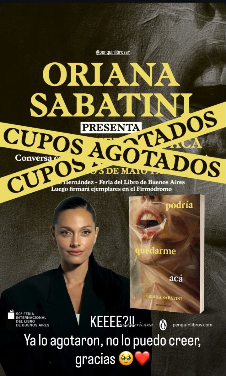<a href="/orisabatini/">ORIANA</a> ya agotó los 500 lugares para la presentación de su primer novela Podría Quedarme Acá 
Lanzamiento en librerías : 1 de mayo