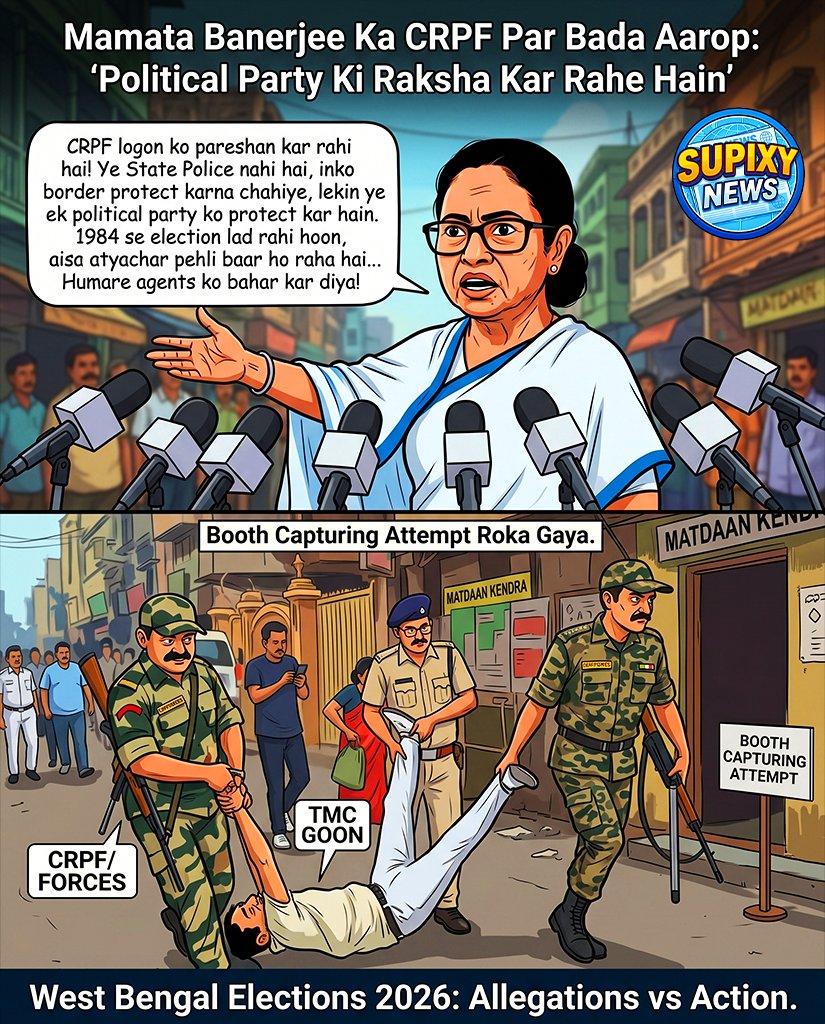 supixynews's tweet image. "CRPF logon ko pareshan kar rahi hai, unhe border ki raksha karni chahiye par wo ek political party ko protect kar rahe hain." - CM Mamata Banerjee ka bada bayan. 1984 se election lad rahi hoon par aisa pehli baar ho raha hai.

#WestBengal #MamataBanerjee #CRPF #BJP #TMC