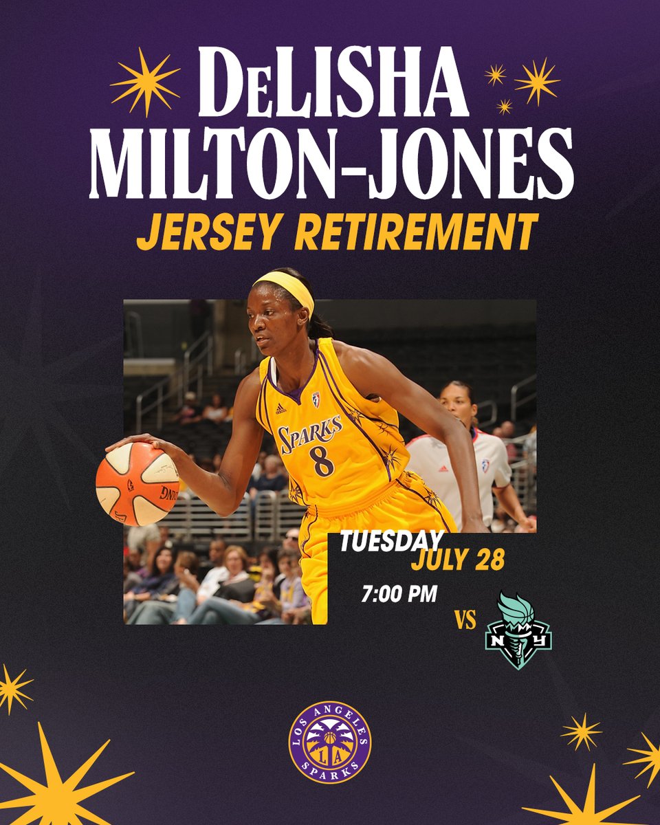 LASparks's tweet photo. Sparks retiring @DelishaMJones' No. 8 jersey at a halftime ceremony on July 28th. 

📝 https://t.co/jVEqfBdJgP https://t.co/ahPRJZwYjL