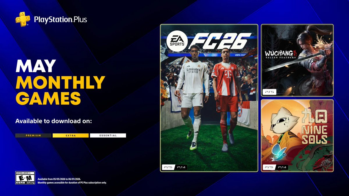 DreamStationcc's tweet image. PlayStation Plus Monthly Games for May: EA Sports FC 26, Wuchang: Fallen Feathers, and Nine Sols

blog.playstation.com/2026/04/29/pla…

#ps5 #ps4 #playstation #videogames #indiegames #gaming