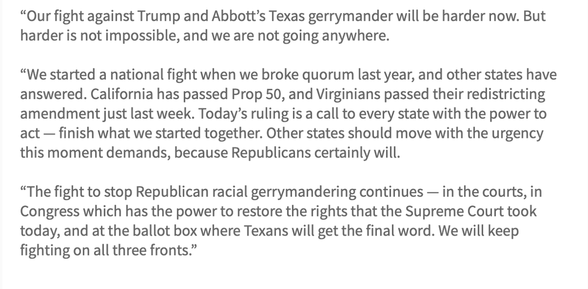 hollyshansen's tweet image. In: #txlege House Minority Leader -Texas House Democratic Caucus Chair - @GeneforTexas statement on SCOTUS decision today regarding redistricting: 
"They gutted the most important civil rights law of the last century, and they handed Republican legislatures across the country a