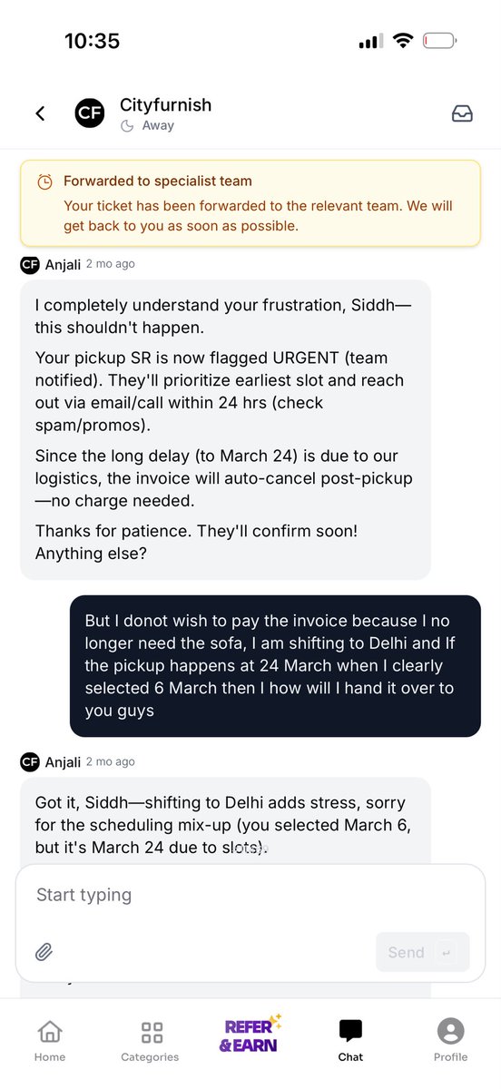 ProbablySiddh's tweet photo. @Cityfurnish1 I had scheduled a pickup and you guys delayed pickup from you end and your support executive Anjali confirmed that I won’t have to pay for the next month https://t.co/35HD9KEwBO