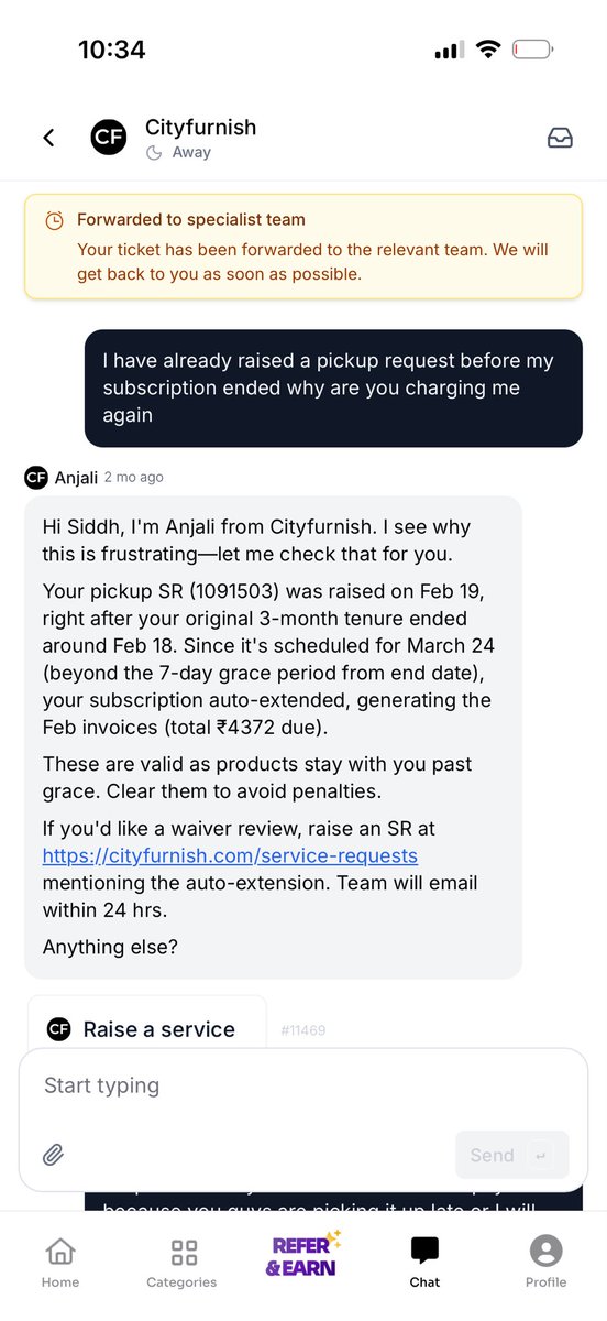 ProbablySiddh's tweet photo. @Cityfurnish1 I had scheduled a pickup and you guys delayed pickup from you end and your support executive Anjali confirmed that I won’t have to pay for the next month https://t.co/35HD9KEwBO