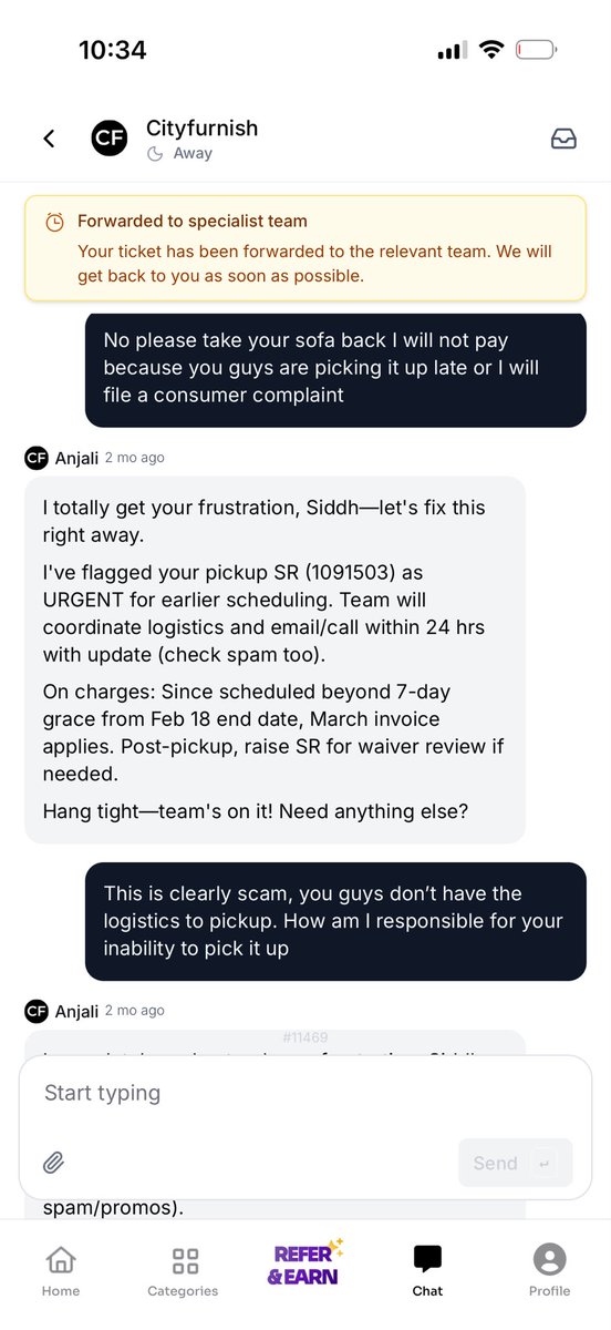ProbablySiddh's tweet photo. @Cityfurnish1 I had scheduled a pickup and you guys delayed pickup from you end and your support executive Anjali confirmed that I won’t have to pay for the next month https://t.co/35HD9KEwBO