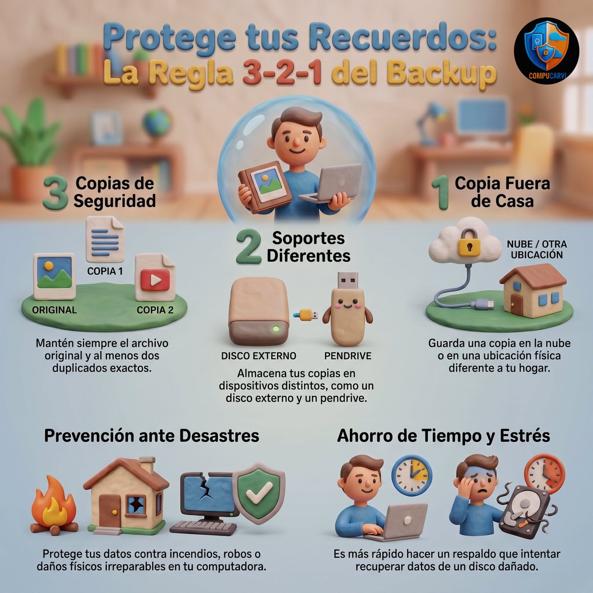 Compucarvi's tweet photo. ¿Y si mañana tu PC no arranca? 💀
Los discos duros no tienen palabra de honor.
Aplica la Regla 3-2-1 y duerme tranquilo:
• 3 copias
• 2 soportes distintos
• 1 fuera de casa (nube u oficina)

¿Cuál paso te falta?
🔗 https://t.co/vB9WwyY7hu
#BackupSeguro #Regla321 https://t.co/0QEuMxwyfK