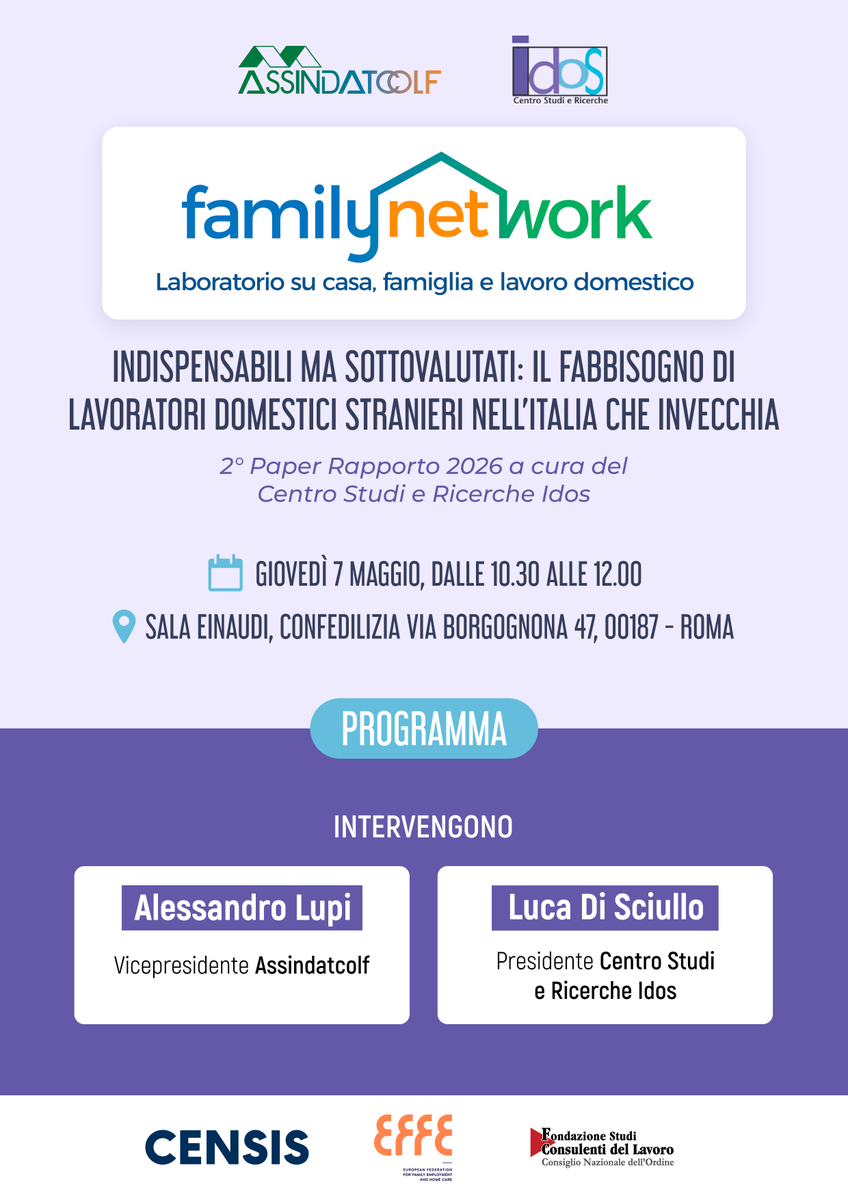 Assindatcolf's tweet photo. 🗓️7 maggio 2026 / 10:30
Presentazione del 2° paper del Rapporto 2026 #FamilyNetWork a cura del Centro Studi e Ricerche Idos. ➡️Registrati per partecipare in presenza o seguire la diretta streaming: https://t.co/SRn6XEObm7 https://t.co/YxzlUXEC6z