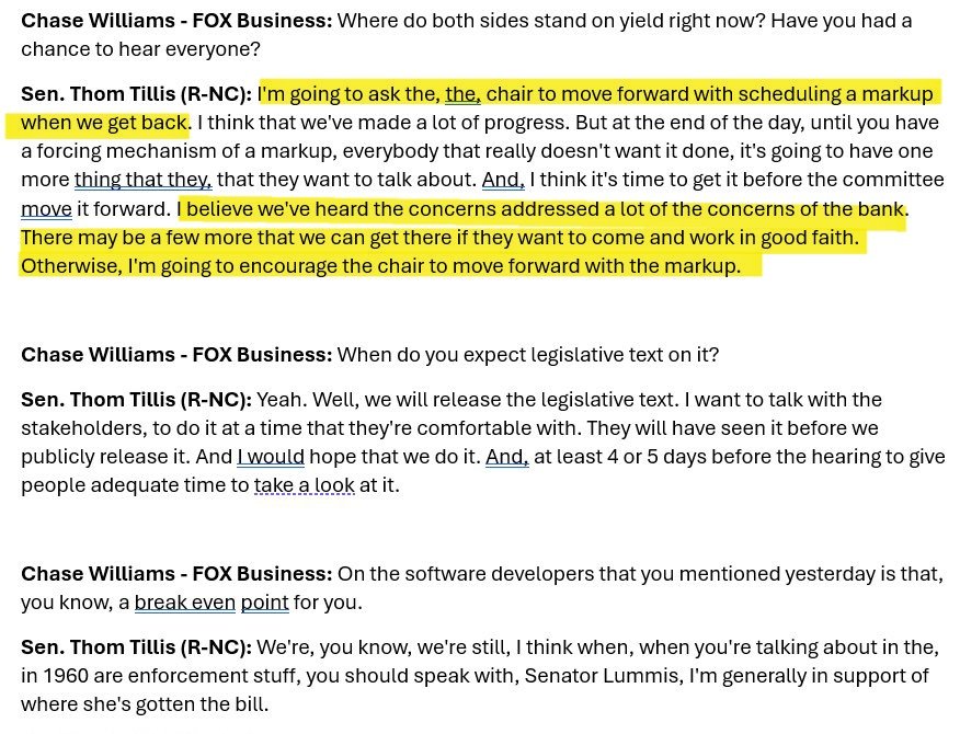 ChartNerdTA's tweet image. It's looking like a lot of the banking concerns around the #CLARITY Act have been addressed. @SenThomTillis highlights a few more nitty gritty problems that can be addressed in "good faith," but will still encourage a markup regardless.
