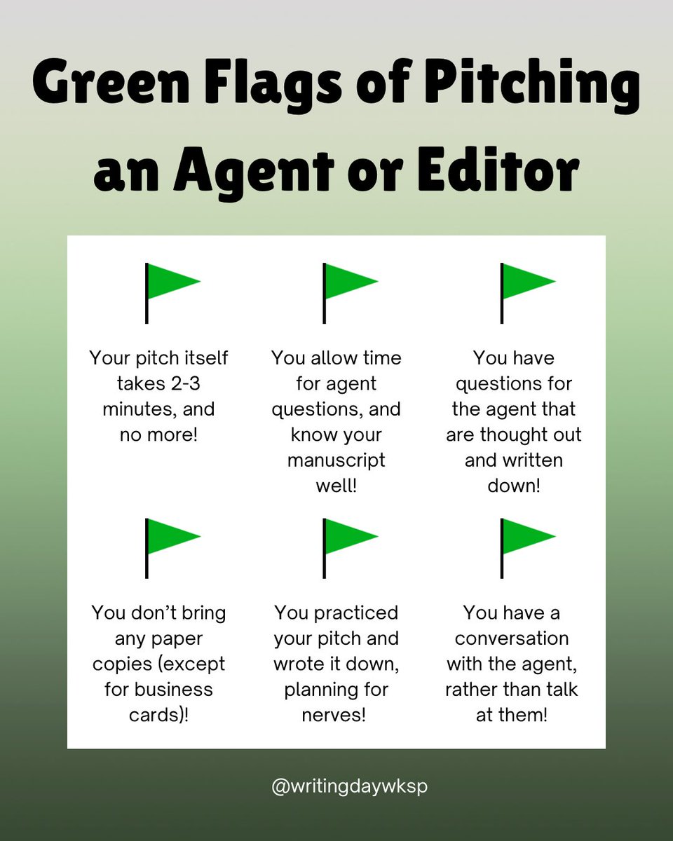 writingdaywksp's tweet image. As we get through the height of conference season, here’s a few GREEN FLAGS to consider while pitching agents and editors. :)

Come prepared and ready for conversation!

#writing #literaryagent #authorlife #writingcommunity #amquerying