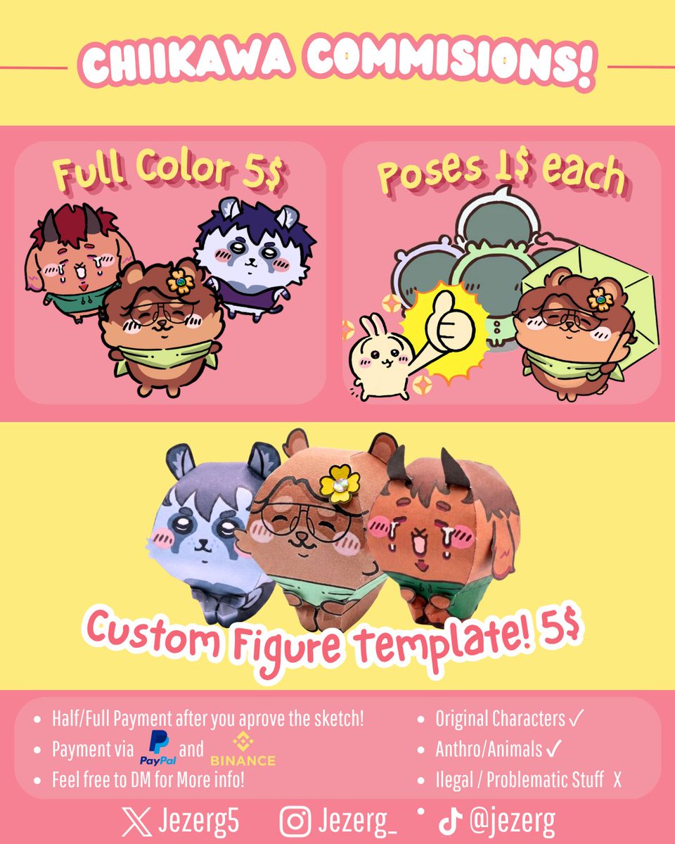 Jezerg5's tweet photo. Commissions open!

Make your OCs and any character you want as part of Chiikawa world!

Once your little one is made, request any pose, situation, or outfit!

You can also bring your little one to life as a papercraft with a custom template!
DM me if you need more information! 💖 https://t.co/2Aba5doZD5