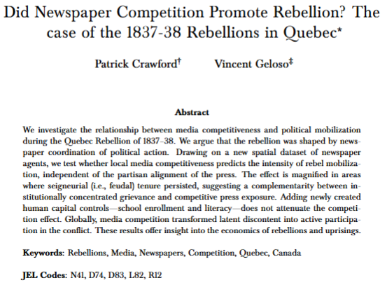 VincentGeloso's tweet photo. 🧵 What caused the 1837–38 rebellions in Canada?

Was it nationalism? Poverty? Institutions?

We (Patrick Crawford and I) argue: it was the newspapers. And the result flips how we think about rebellions https://t.co/CKVWwZRJEP