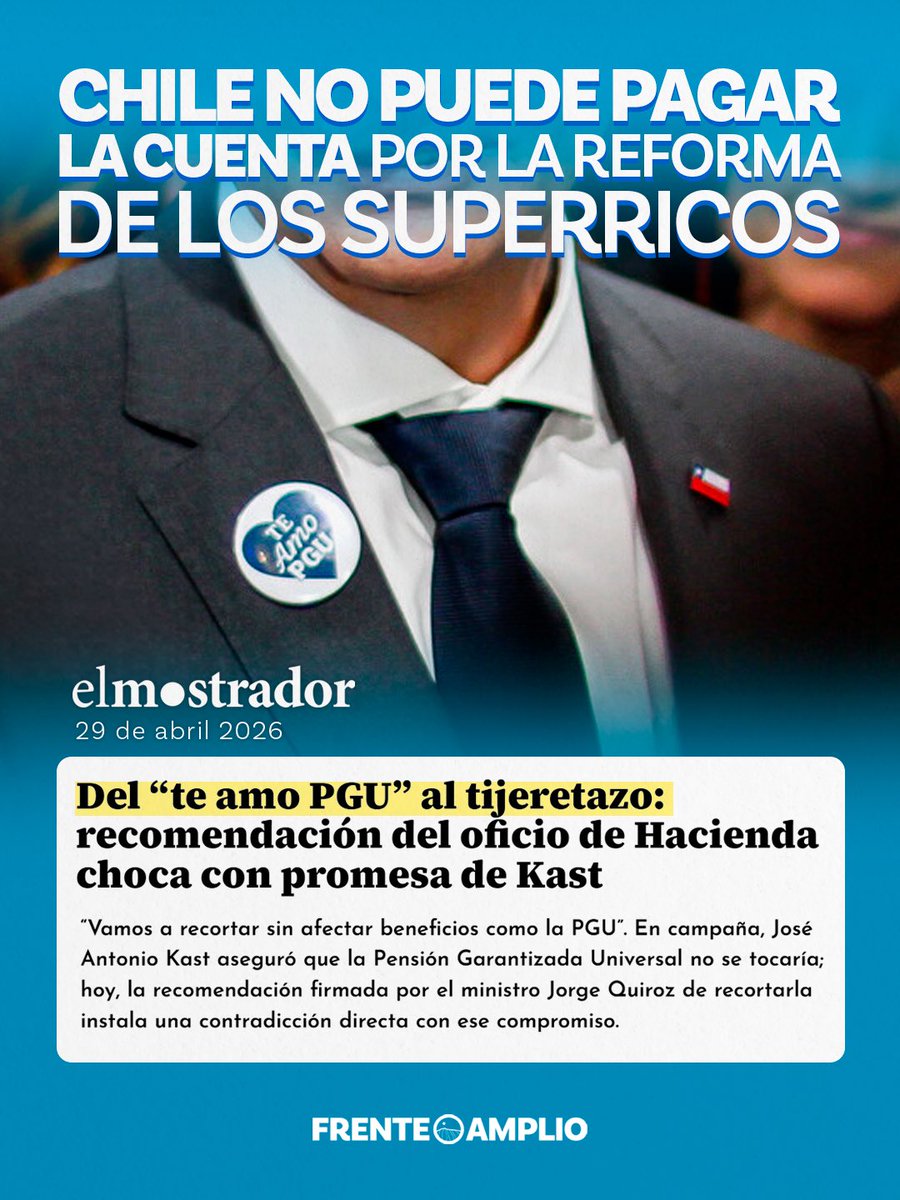elfrente_amplio's tweet photo. ⚠️ Un oficio del Ministerio de Hacienda recomienda recortar la Pensión Garantizada Universal (PGU). Las personas mayores de nuestro país no pueden pagar los beneficios que el gobierno le busca dar al 1% más rico con su reforma tributaria. https://t.co/FKBA9nxis2