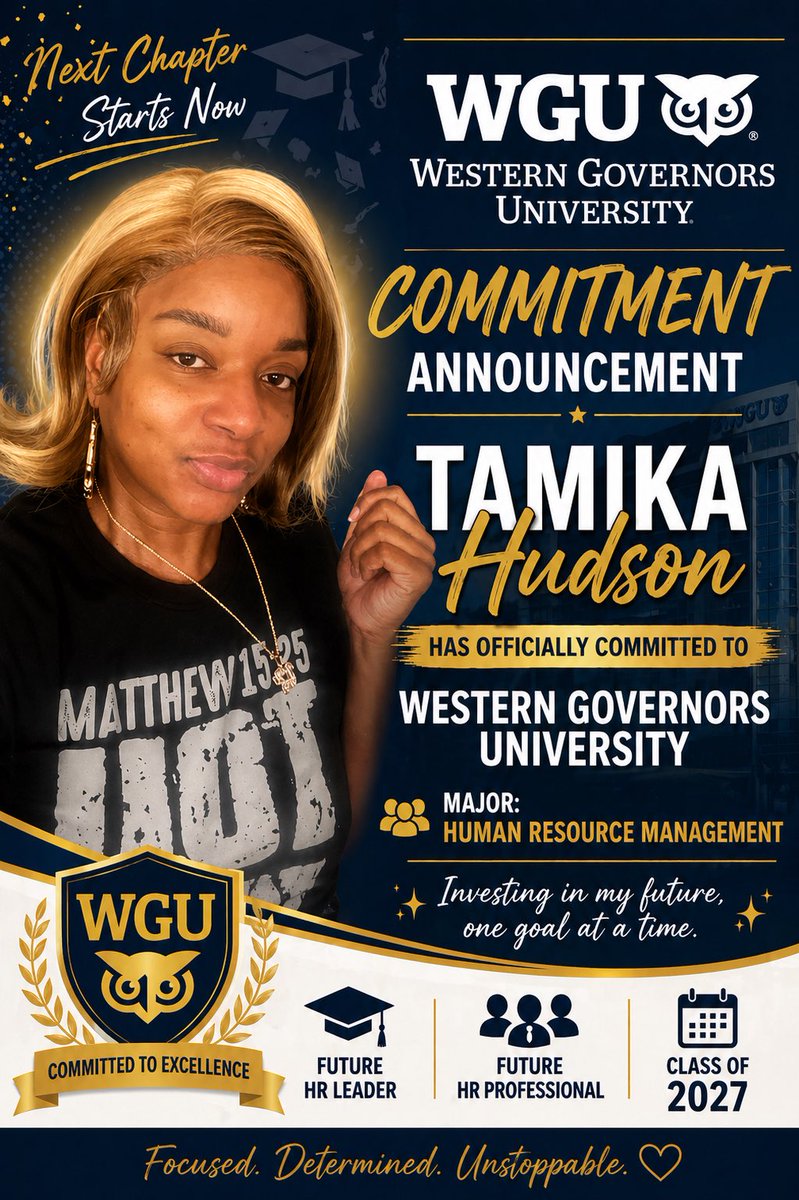 icankindofgirl's tweet image. I’m proud of myself to start the process again to finish my bachelor’s degree. Therefore, I have committed to @wgucollege to further my education endeavors! Thankful to the other colleges, that accepted me as well! This is me!!! #hudson #education #50 #GOD