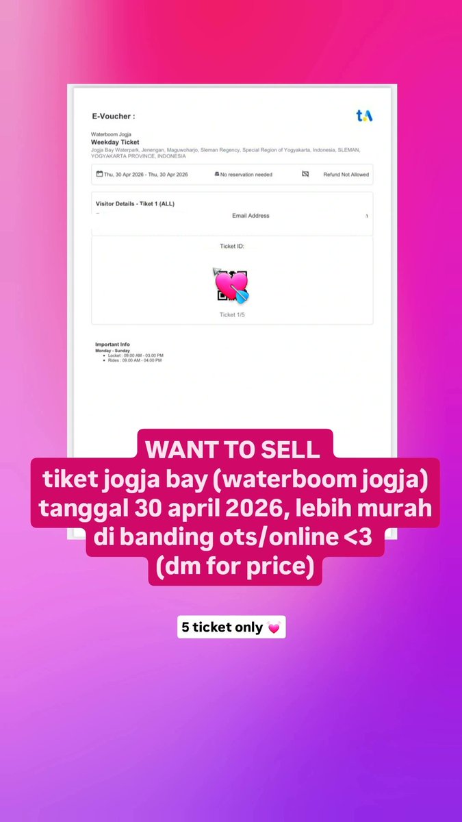 ilavchukaidakO's tweet photo. WTS TIKET JOGJA WATERBOOM/JOGJA BAY
date. kamis 30 april 2026
harga lbh murah di banding ots/online (dm for price)
alasan jual ada acara mendesak!
ready 5 ticket
#wisatajogja #jogjabay #wtsticket https://t.co/3uWs2vs1GV