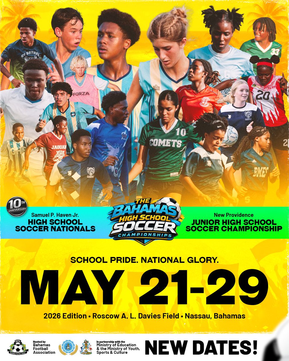 BahamasFootbal1's tweet image. 🚨 NEW DATES 🚨

May 21–29 ⚽🔥

Save it. Lock it in. Don’t miss it.

#BahamasHighSchoolSoccer #SaveTheDate #BFA