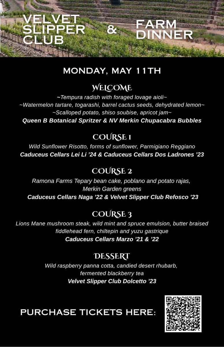 caduceuscellars's tweet photo. Tickets are still available for the Spring Velvet Slippers Club Farm Dinner, Monday, May 11 at @merkinvineyards in Cottonwood. This 5-course dinner features our new wine releases. Reservations: https://t.co/sIxMtYTGPW Click “Reservations” https://t.co/vgnHxwlW5t