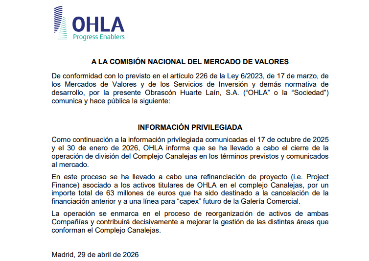 JCPF_Carlos's tweet photo. 📌🟢#OHLA 

📌✅OHLA informa que se ha llevado a cabo el cierre de la operación de división del Complejo Canalejas en los términos previstos y comunicados al mercado.

👉🟢En este proceso se ha llevado a cabo una refinanciación de proyecto (i.e. Project Finance) asociado a los activos titulares de OHLA en el complejo Canalejas, por un importe total de 63 millones de euros que ha sido destinado a la cancelación de la financiación anterior y a una línea para “capex” futuro de la Galería Comercial.