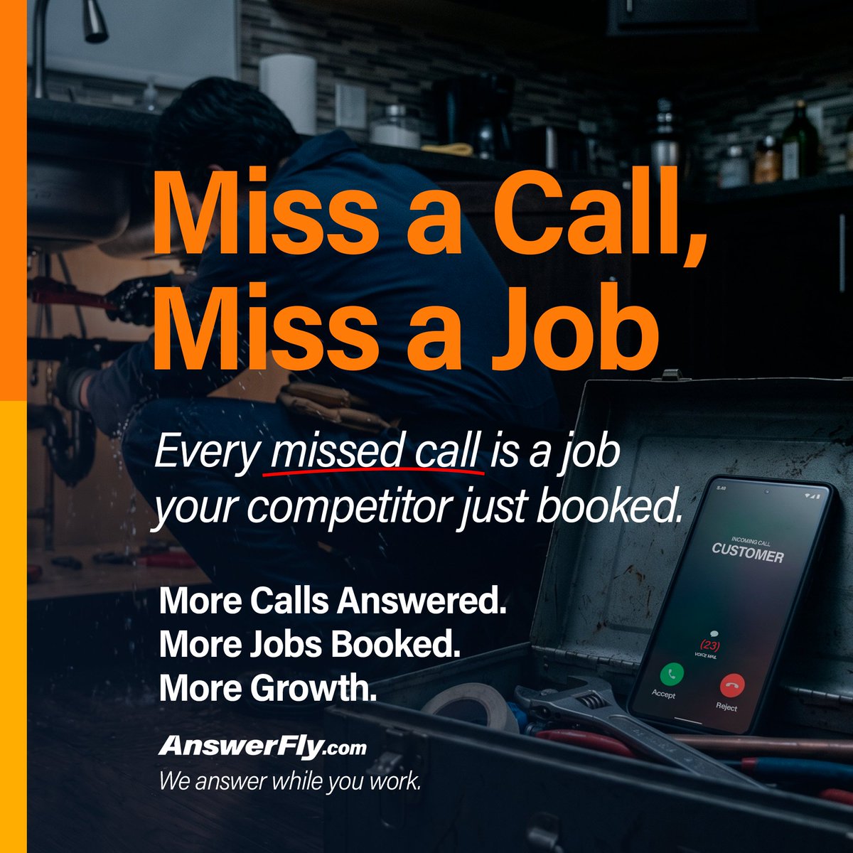 AnswerFlyAI's tweet image. Miss a call = Lose a job.

Your competitor is answering.

AnswerFly captures every call, qualifies the lead, and books the job for you.

More calls. More jobs. More growth.
👉 AnswerFly.com

#Plumber #HVAC #Contractor #Electrician #Roofer
#SmallBusiness #ContractorLife