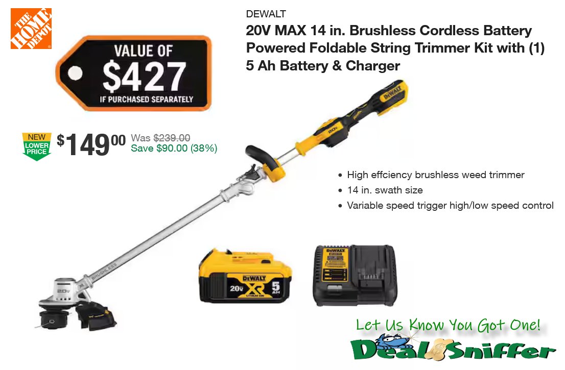 dealsniffer's tweet image. 🚨 38% OFF DEWALT 20V MAX 14 in. Brushless Cordless Battery Powered Foldable String Trimmer Kit with (1) 5Ah Batt 🏠
mavely.app.link/6gcS1p51f2b 🔗
#dewalt #dewalttools #Tools #cordlesstools #cordless #workshop #garage #homedepot #yardwork #lawncare