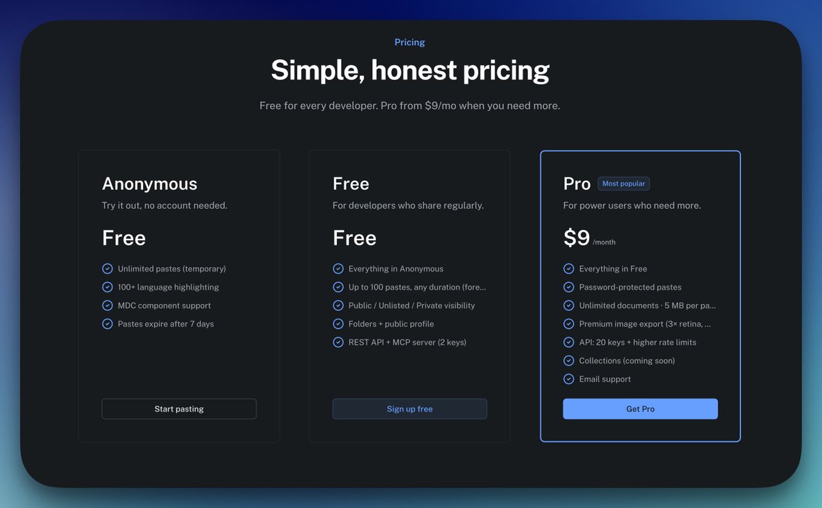 Patrity's tweet photo. pricing - free forever covers everything that makes this useful: paste, markdown, image export, MCP server, REST API, 100+ langs, 2 API keys.

pro is $9/mo and unlocks password-protected pastes, private pastes, watermark removal, scale, 20 API keys.

the wedge is free. it stays that way.