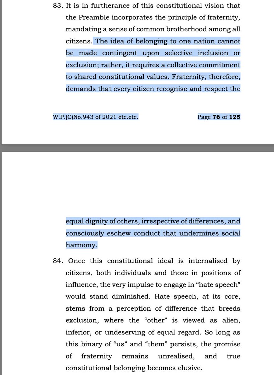 LiveLawIndia's tweet image. Hate speech is antithetical to the constitutional value of fraternity and strikes at the moral fabric of our Republic. It also runs counter to the deeper civilisational ethos of India - Supreme Court.

The idea of belonging to one nation cannot be made contingent upon selective
