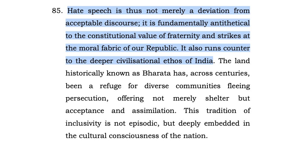 LiveLawIndia's tweet image. Hate speech is antithetical to the constitutional value of fraternity and strikes at the moral fabric of our Republic. It also runs counter to the deeper civilisational ethos of India - Supreme Court.

The idea of belonging to one nation cannot be made contingent upon selective