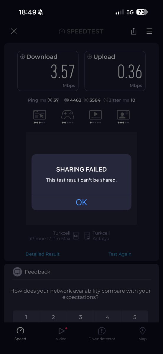 hgonullu's tweet image. LTE ile 4.82 DL, 0.38 UL veren @turkcell 5G ile testi bi tamamlayamıyor, bi tamamlıyor ama paylaşılamayacak bir sonuç çıkıyor: 3.57 / 0.36 
5G geldi mi şimdi? Konum: Denizli Servergazi Devlet Hastanesi #turkcell #5G #LTE #Denizli