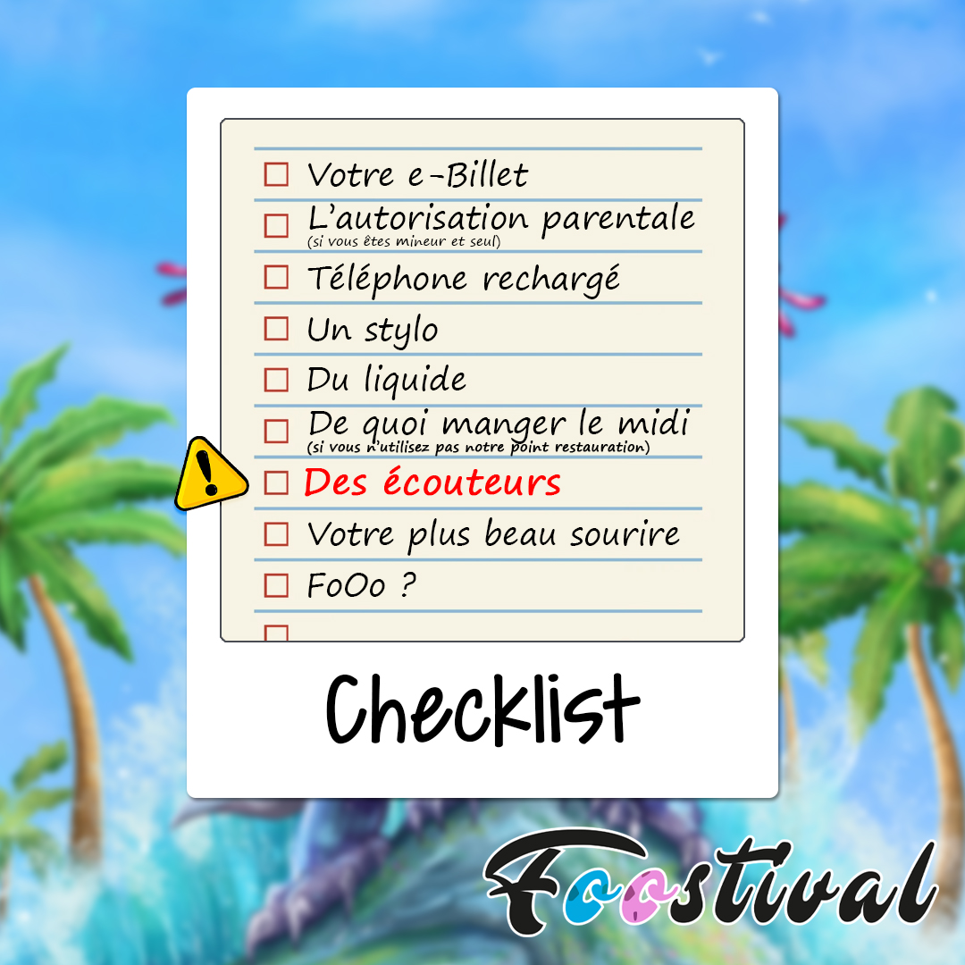 Foostival's tweet photo. Le #Foostival arrive très vite !

✅ Pour vous préparer au mieux pour notre évènement IRL sous le signe de #GuildWars2, voici une petite checklist.

⚠️🎧 Une des activités proposées nécessite des écouteurs / un casque audio, pensez-y ! https://t.co/80jPhVa85D
