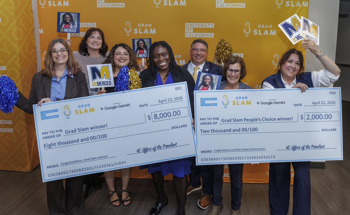 ucmgraddiv's tweet photo. We're still brimming with excitement over Tahirah Williams' win at @UofCalifornia #GradSlam last week! ππππ #UCMerced https://t.co/2VN7pPfjZ2