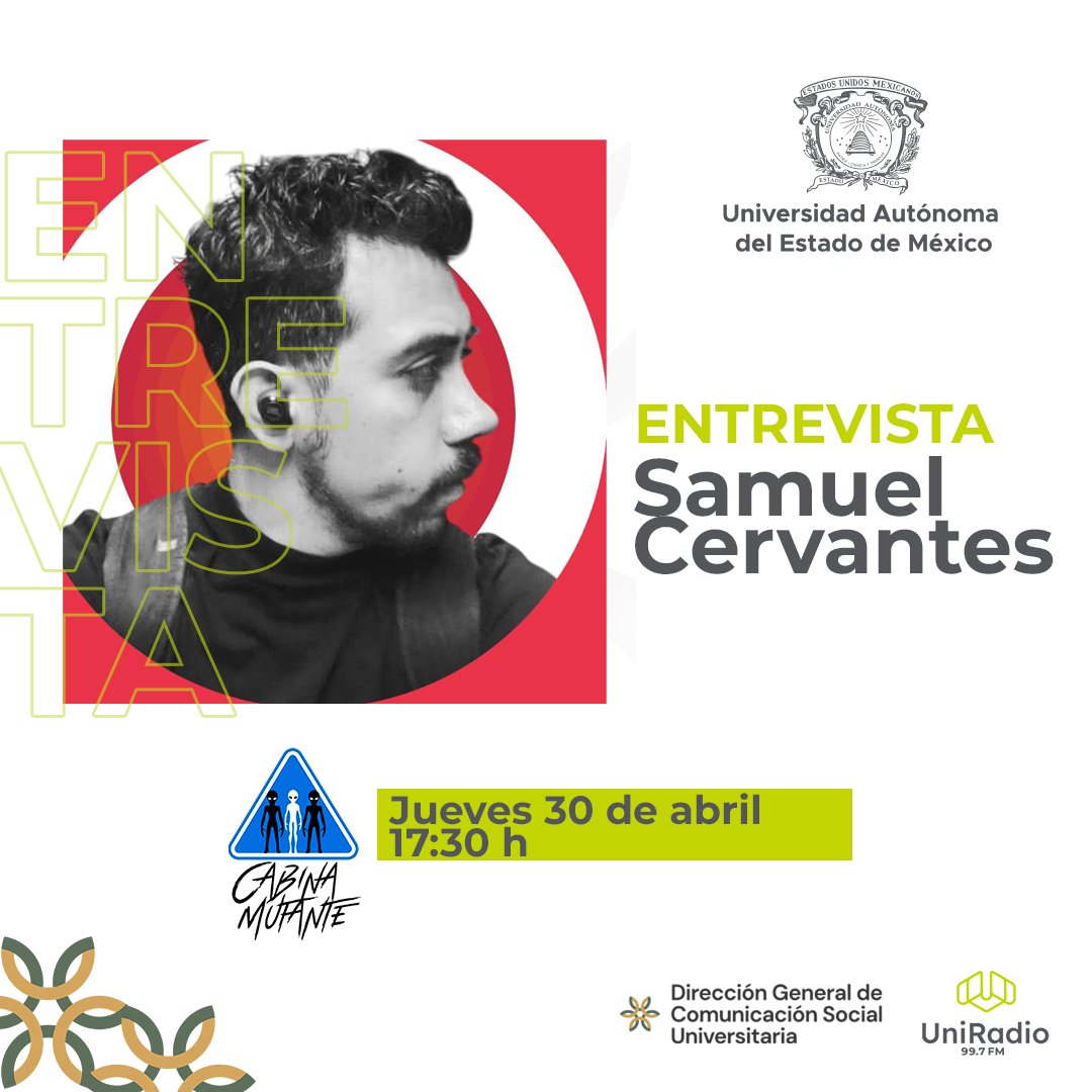 UniRadio997FM's tweet photo. 📻Entrevista
Este jueves en Cabina Mutante Alonso Guzmán platicará con Samuel Cervantes sobre la inspiración y el concepto de su nuevo disco "Realidad perturbada". Sintonízanos este jueves 30 de abril a las 17:30 h por UniRadio 99.7 FM.
#Reimagina #TuaeméxUniRadio https://t.co/tCasCJcZ9W