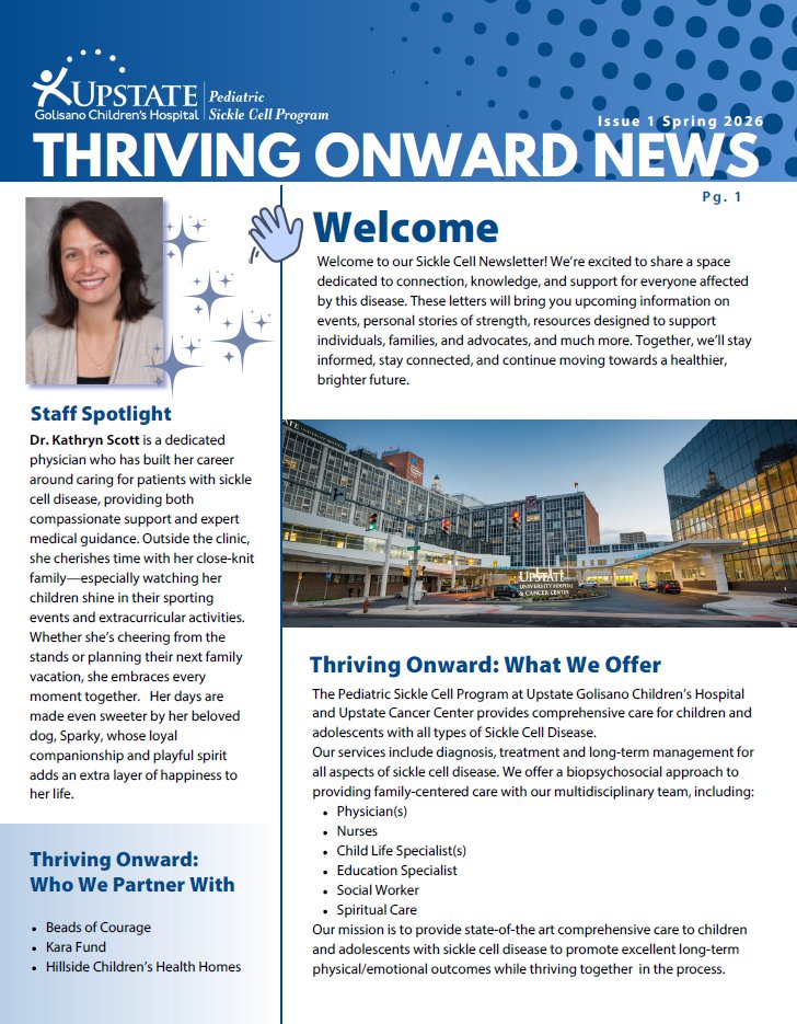 UpstateCancer's tweet photo. We’re excited to share the first edition of Thriving Onward News, the Sickle Cell Program Newsletter! Don't miss the Patient Spotlight on Samantha Medina Gaston and her inspiring journey toward nursing. 

Learn more about the #SickleCell Program: https://t.co/KvtuQ1W8jc https://t.co/ejUy1ircGI
