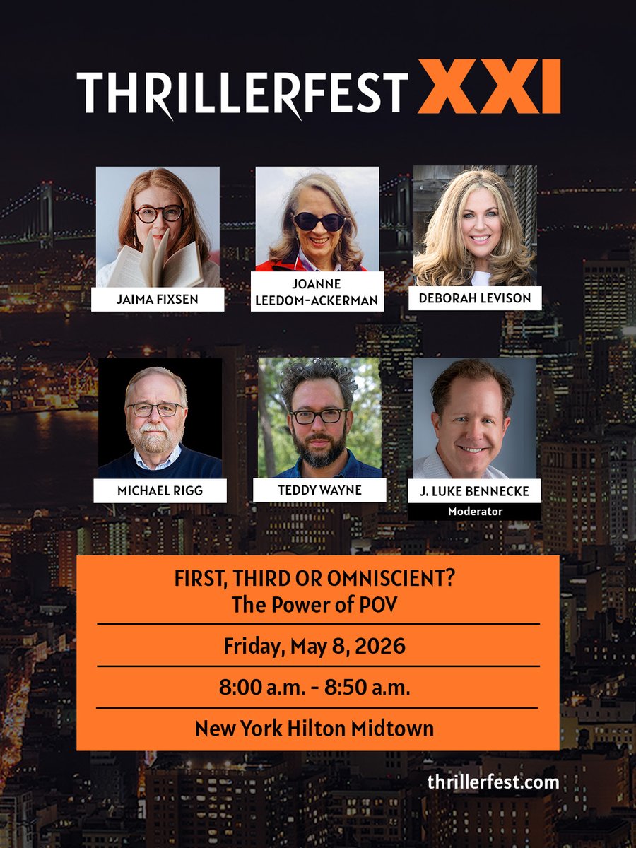 DLevisonAuthor's tweet photo. Early, but worth it! Hope you can join our lively discussion on POV. Friday morning, May 8th, 8:00 AM, only at @ThrillerFest 😀😀 https://t.co/m11GIyMSHj