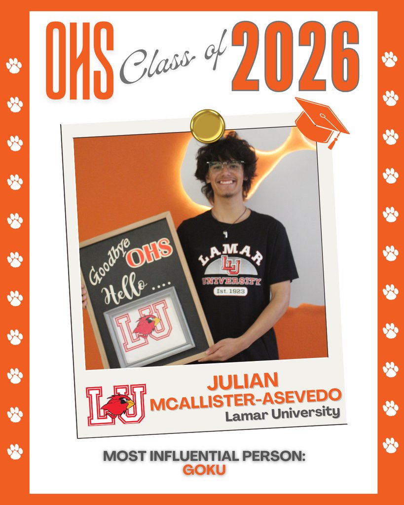 Orangefield_ISD's tweet image. Senior Spotlight - OISD will be featuring our OHS Class of 2026 throughout the remainder of the school year. Congratulations 2026 Seniors!
@LamarUniversity  #WeAreLU #WeBelieve