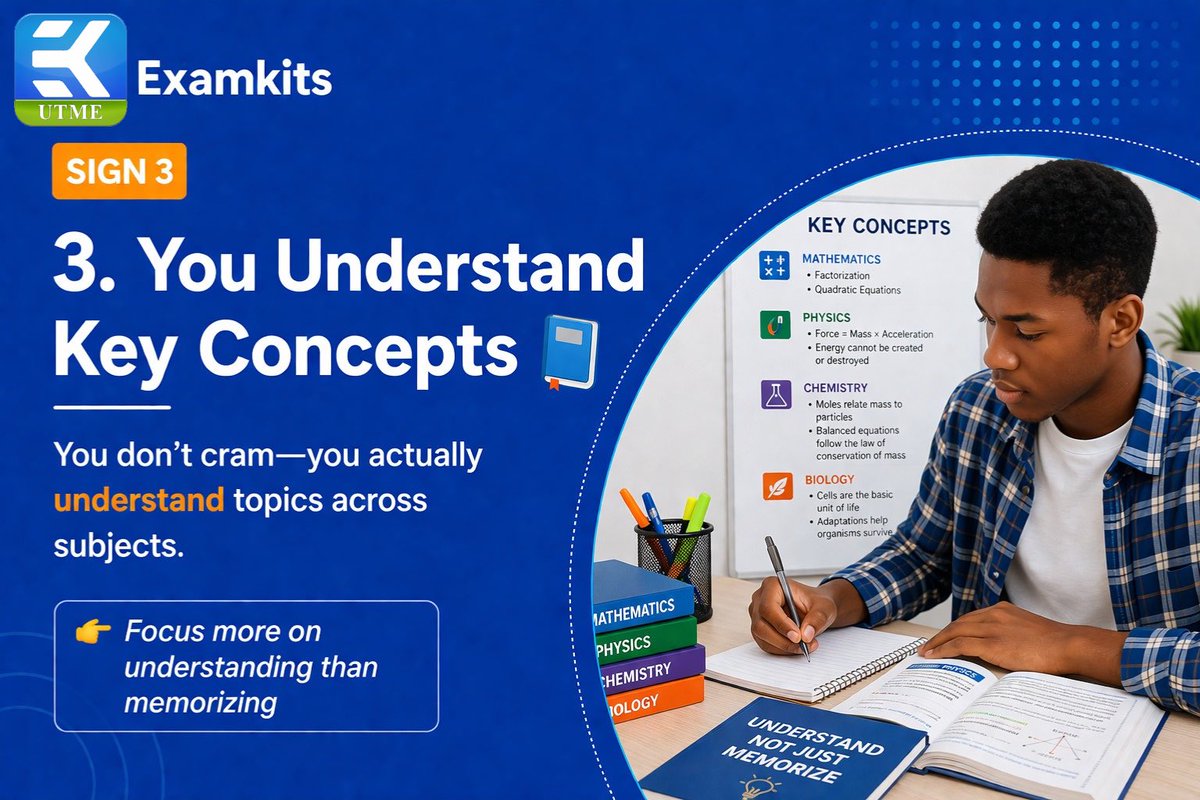 examkitsapp's tweet photo. Part 1: Confidence alone is not preparation. Swipe through the warning signs and see what to fix before exam day.
Save this and test yourself.
#jambprep #studychecklist #examstrategy #carouselpost #examkits https://t.co/EjnNJEdSoF