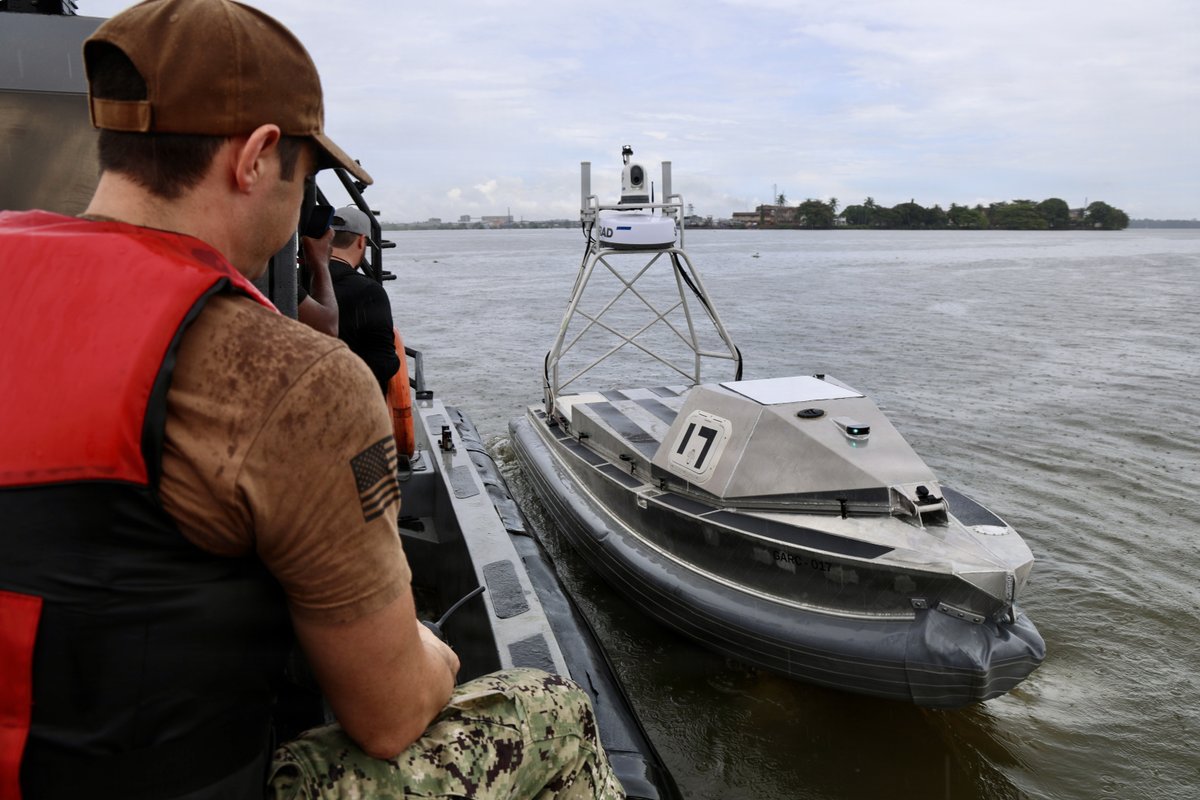USNavy's tweet image. Innovation on the water.

Global Autonomous Reconnaissance Crafts (GARC) participate in a live robotic and autonomous systems (RAS) demonstration with Commander, Task Force (CTF) 66 during Exercise Obangame Express 2026 in Douala, Cameroon.

Obangame Express is one of three