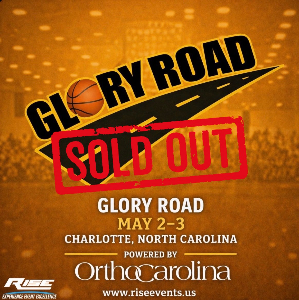 RISEReport's tweet photo. SOLD OUT. 🔒 100 teams.
Glory Road Powered by OrthoCarolina is officially full, appreciate every program participating.
Next up… Carolina Havoc x On the Radar (May 9–10).
Spots are already moving - don’t wait on this one.
#RISEEvents #GloryRoad #SoldOut #OrthoCarolina https://t.co/LZlnFBuCvl