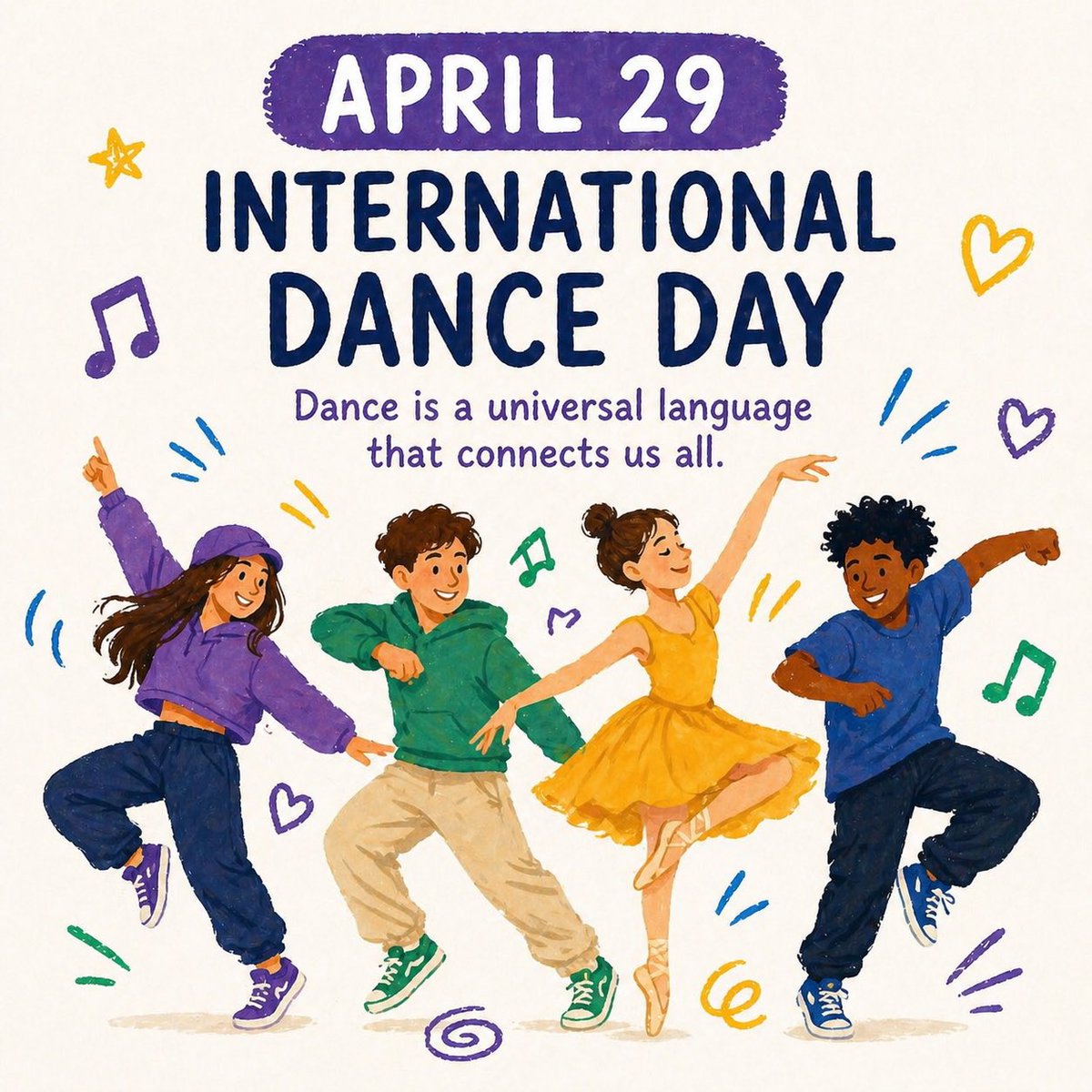 GlobalDaysToday's tweet image. 🎭 April 29 — International Dance Day

Dance is a universal language — no words needed, just rhythm, emotion, and movement. 🌍✨
From ballet to street, every step tells a story.

Keep moving. Keep expressing. 💃🕺

#InternationalDanceDay #Dance #Art #Creativity #Expression