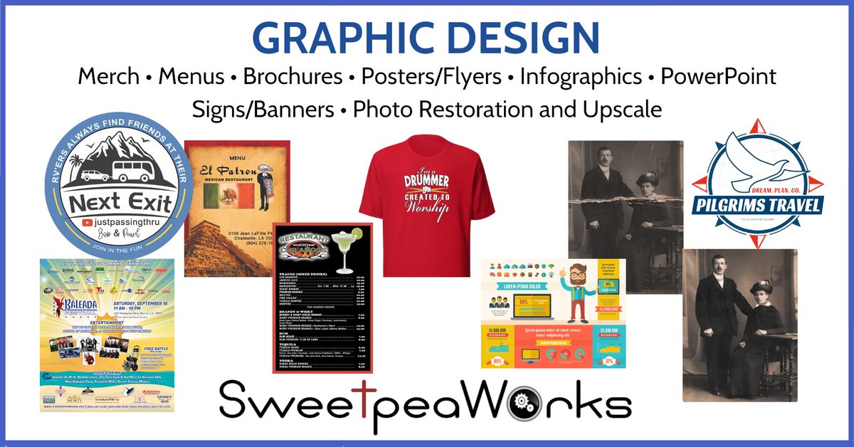 SweetpeaWorks's tweet photo. 👉 Click https://t.co/i1e6nXFrR2 to communicate your #brand messaging via #graphicdesign, including #merch design, #menus, #brochures, #posters, #flyers, #infographics, #PowerPoint presentations, and more.  🔥 https://t.co/0wBftJjvNG