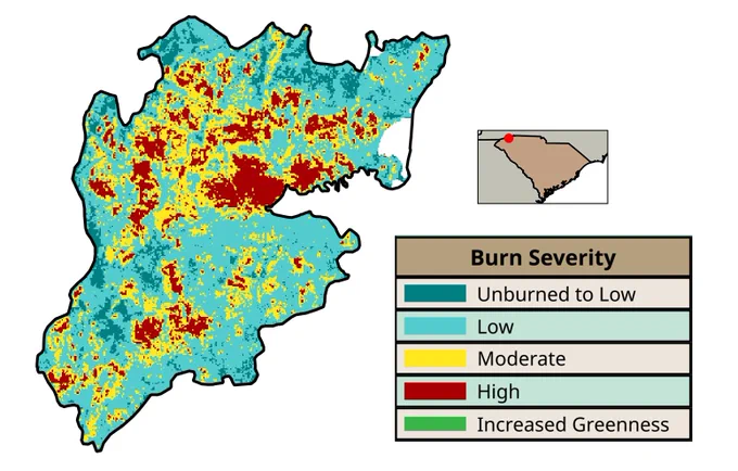 Map showing burn severity levels with large areas marked as unburned to low, scattered moderate and high severity zones, and some increased greenness patches.