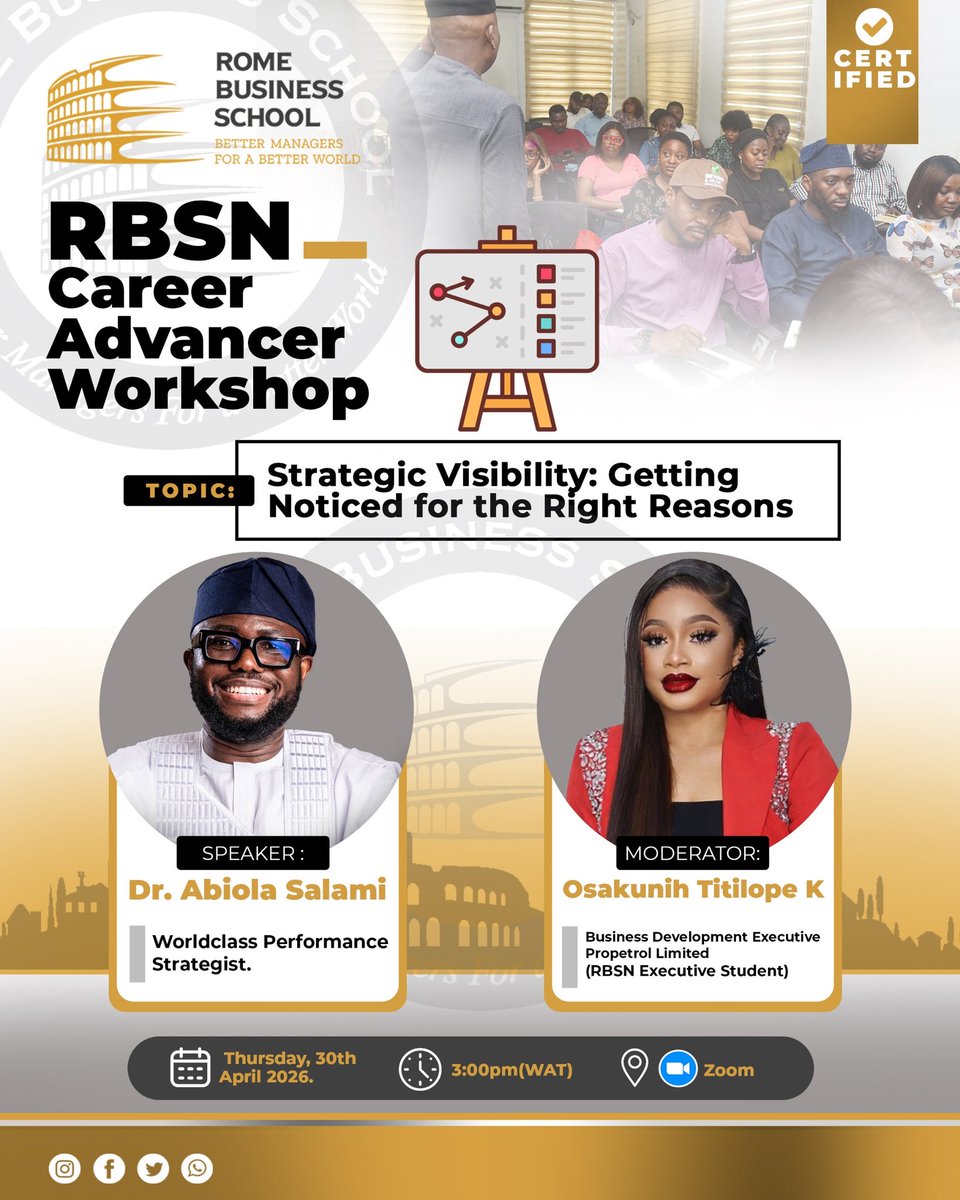 RBS_NG's tweet image. Talent isn’t enough. Visibility is STRATEGY.

Join the RBSN Career Advancer Workshop and learn how to position yourself, communicate your value, and get noticed for the right reasons.

📅 April 30 | 3PM WAT | 💻 Zoom

Don’t be overlooked.

#RBSN #CareerGrowth #StrategicVisibility