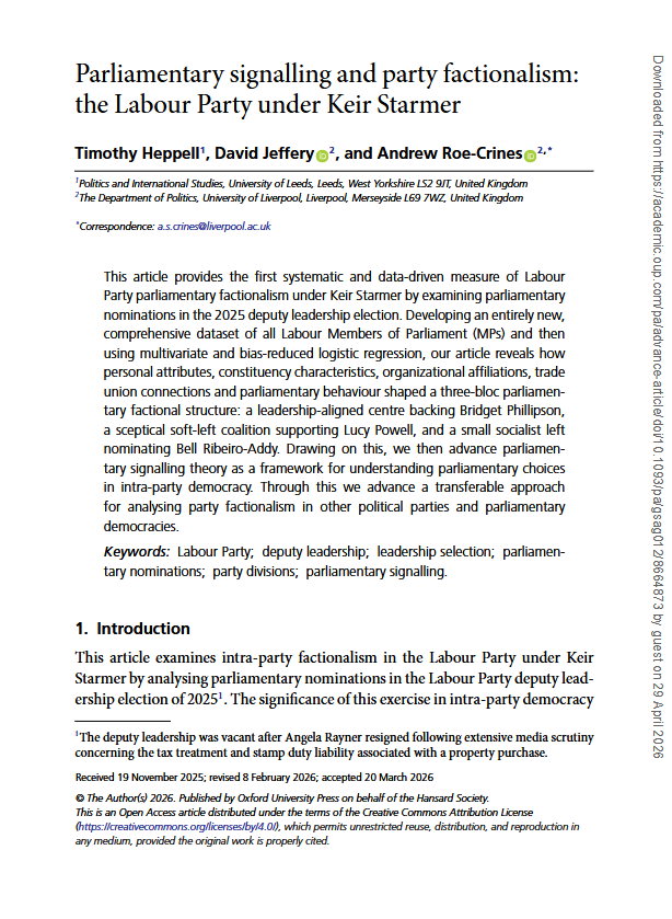 NEW! Published today my latest co-authored journal article (with <a href="/DrDavidJeffery/">Dr David Jeffery</a> &amp; Tim Heppell) in Parliamentary Affairs on the factionalism &amp; #Starmer's Labour Party! The article uses nominations for the Deputy l/ship elec as a statistical measure. Enjoy! academic.oup.com/pa/advance-art…