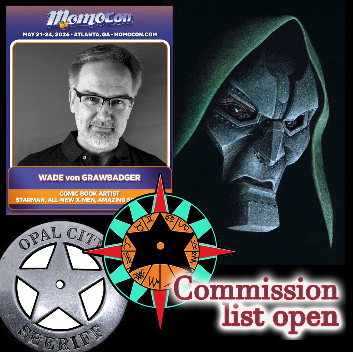 WadevonG's tweet photo. @MomoCon in ATL is getting close!  Just got more of the sold out of Starman emblem stickers &amp; more of my popular new 6x9 Dr Doom giclee prints!  
For commissions- https://t.co/boSFaeeQyD or reach out to jason@essentialsequential.com  Hope to see you there!
@sequenceart https://t.co/jRkmNwSxe7