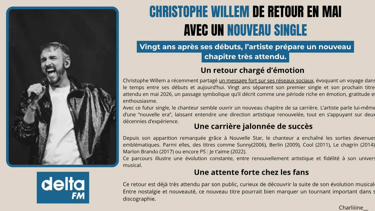 Charliiine__'s tweet photo. 📝𝗖𝗛𝗥𝗜𝗦𝗧𝗢𝗣𝗛𝗘 𝗪𝗜𝗟𝗟𝗘𝗠 𝗗𝗘 𝗥𝗘𝗧𝗢𝗨𝗥 𝗘𝗡 𝗠𝗔𝗜 𝗔𝗩𝗘𝗖 𝗨𝗡 𝗡𝗢𝗨𝗩𝗘𝗔𝗨 𝗦𝗜𝗡𝗚𝗟𝗘 ! 
🔗 https://t.co/9XAjNBEXLF @DeltaFMOfficiel 
 @cwillem https://t.co/x9X5ADIl00