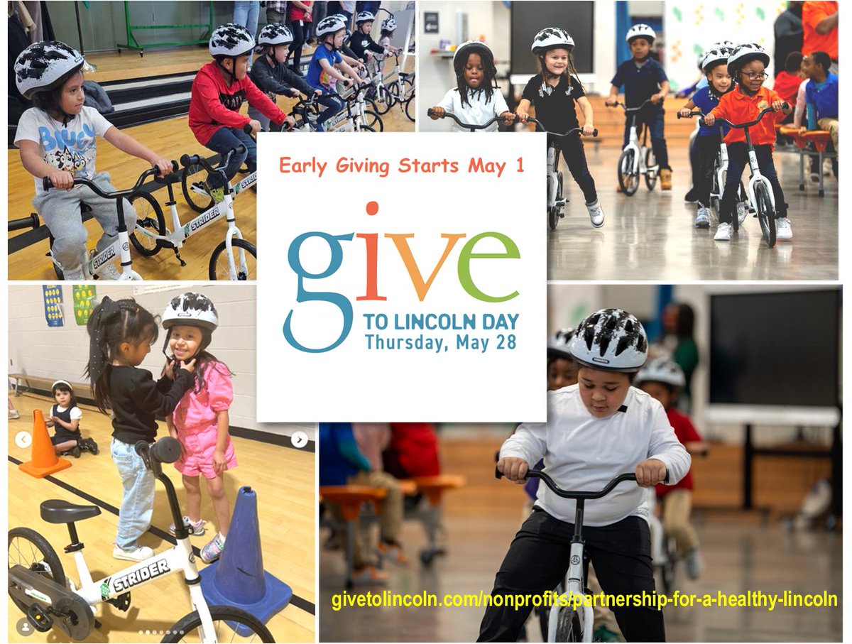 HealthyLNK's tweet photo. From MAY 1 - MAY 28 You can help put kids on the road to good health.  Your gift helps fund training bikes, education &amp; helmets so all Lincoln elementary schools can teach kids to tide, one of the best ways to improve health &amp; fight childhood obesity, at: https://t.co/nexrkobq5I https://t.co/CSi2PNOa1b