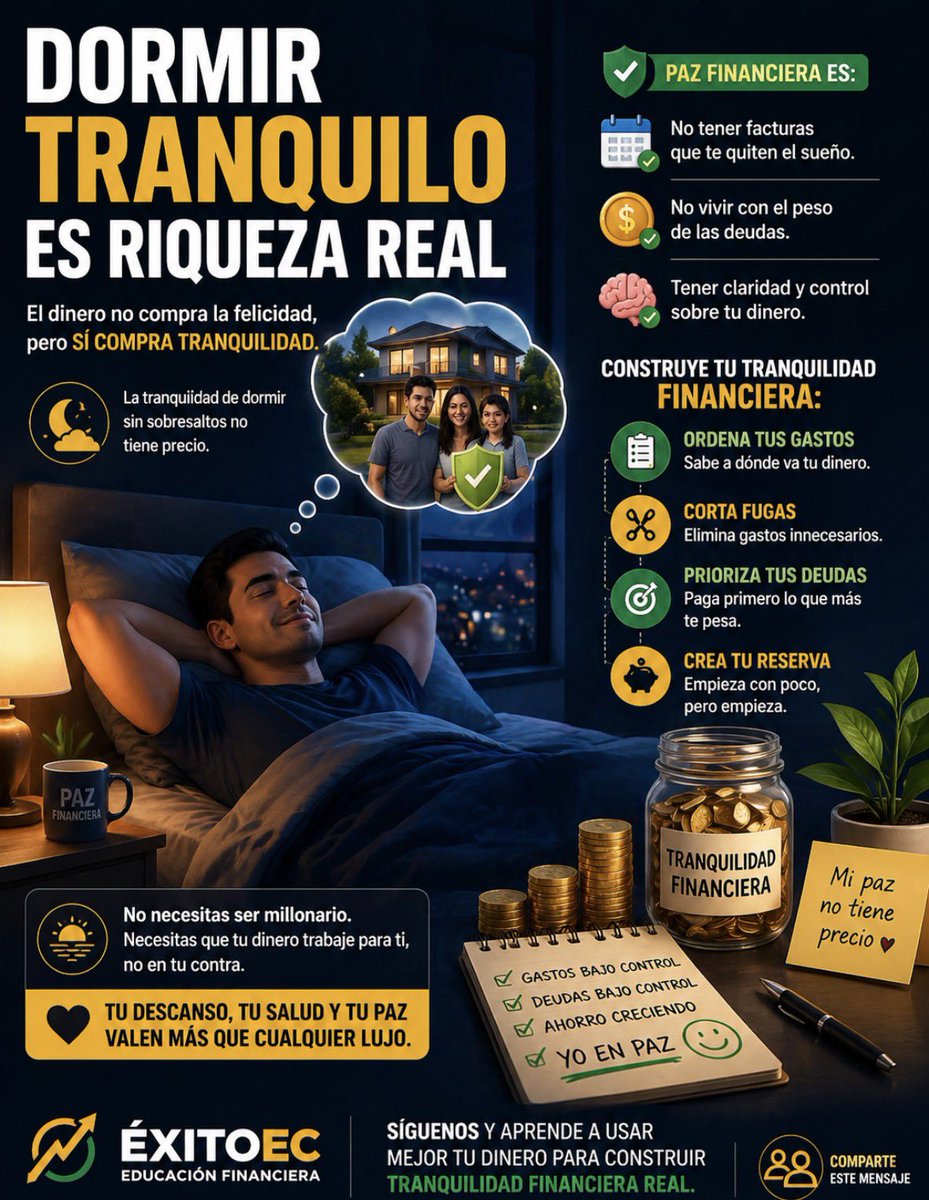 EcuadorExito's tweet photo. 😴 DORMIR TRANQUILO ES RIQUEZA REAL

En Ecuador muchos ganan… pero igual viven con estrés por deudas.
La paz no es tener más dinero, es tener CONTROL DE TUS FINANZAS.
Empieza: ordena, elimina deudas y crea un fondo 💡💸

👉 Sigue EXITOEC y aprende a usar mejor tu dinero. https://t.co/KN4Yzee4QA