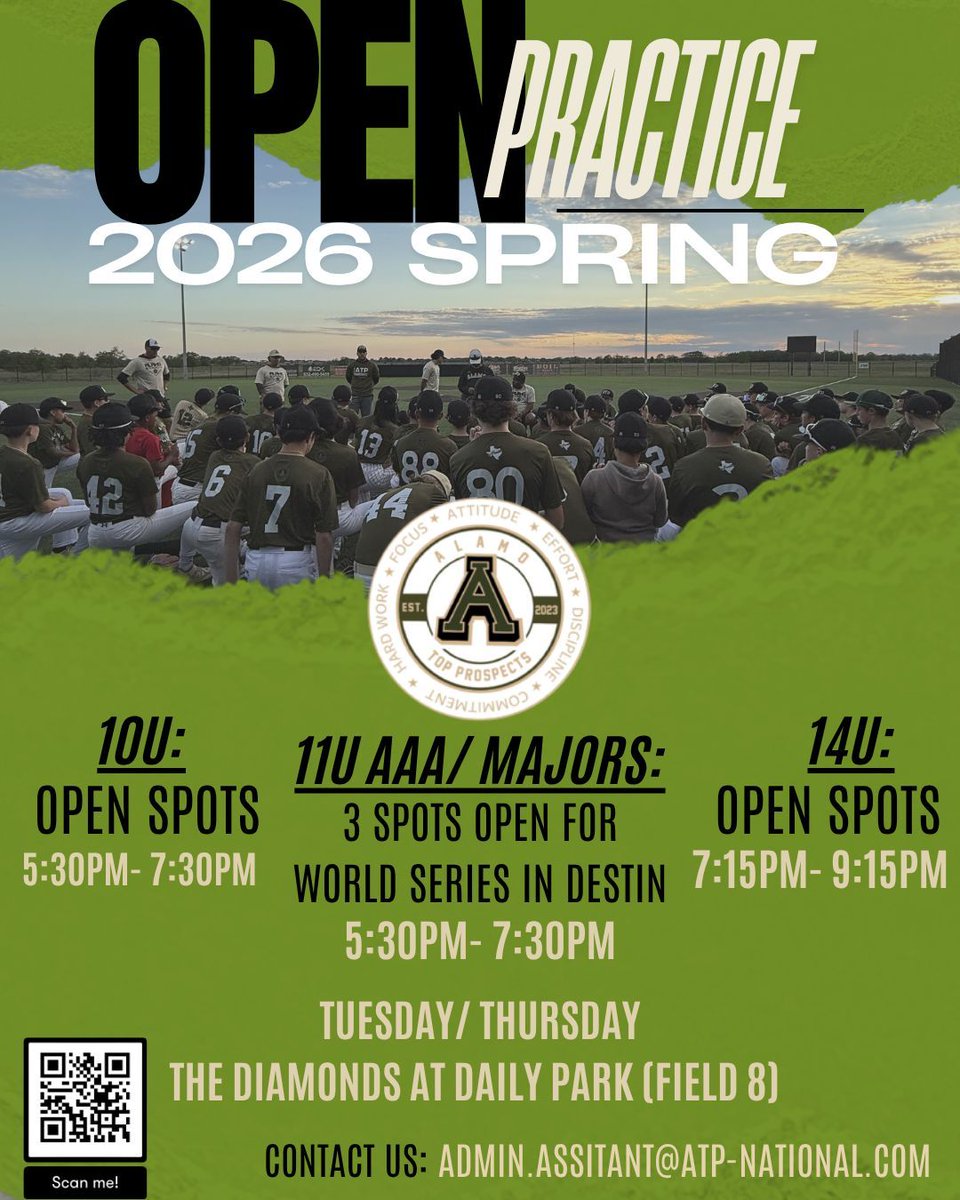 ATPNational's tweet photo. 🚨 OPEN PRACTICE — SPRING 2026  Alamo Top Prospects: compete, improve, earn your spot. Limited openings — 10U (Open); 11U AAA/Majors: 3 spots (World Series, Destin 🌴); 14U (Open). Diamonds at Daily Park, Field 8 | Tue &amp; Thu. DM or admin.assitant@atp-national.com #ATP #LaFamilia https://t.co/5YJDfcO3Nc