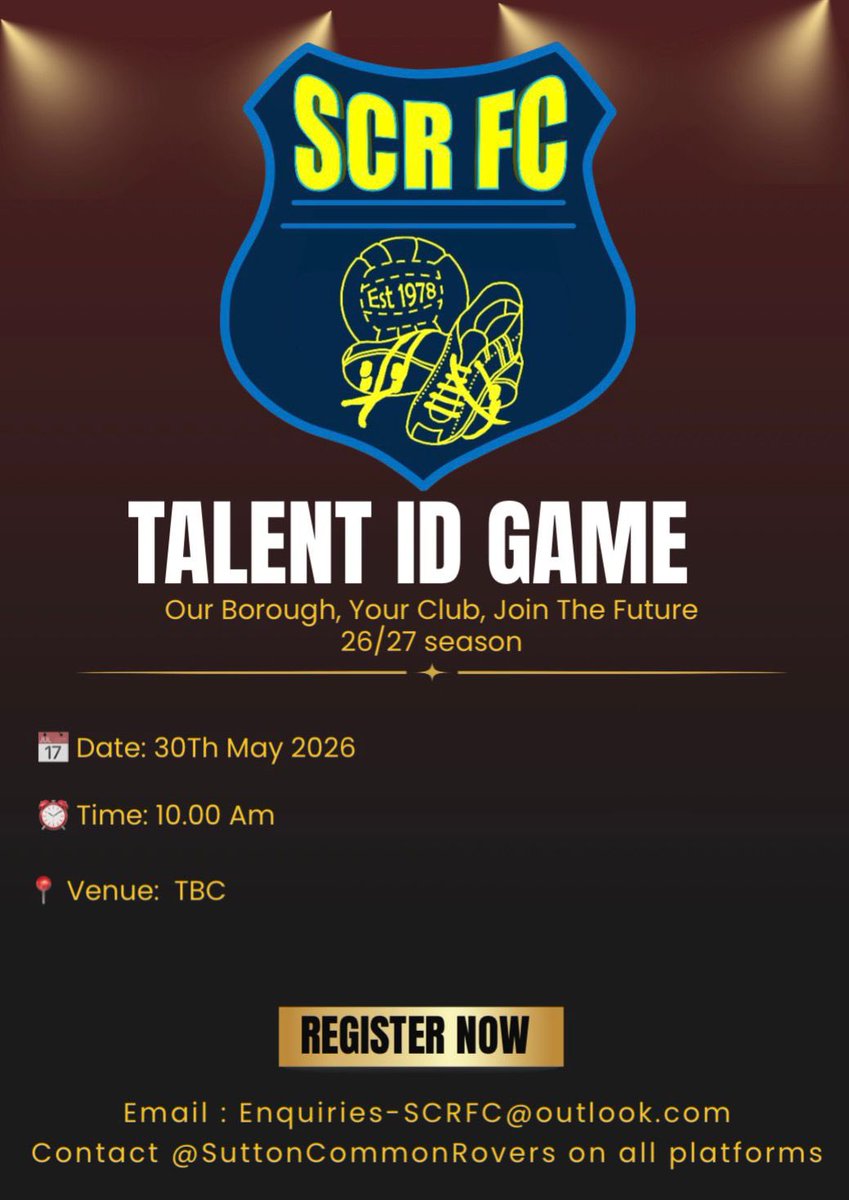 official_scrfc's tweet photo. First Team Trials 26/27 Season !
If you are interested in joining
Sutton Common Rovers this summer all you have to do is email us your Football Cv.
Make sure your booked in for the 30th of may β½οΈ
#GetNoticed
#JoinTheFamily https://t.co/H73zVUfcMg